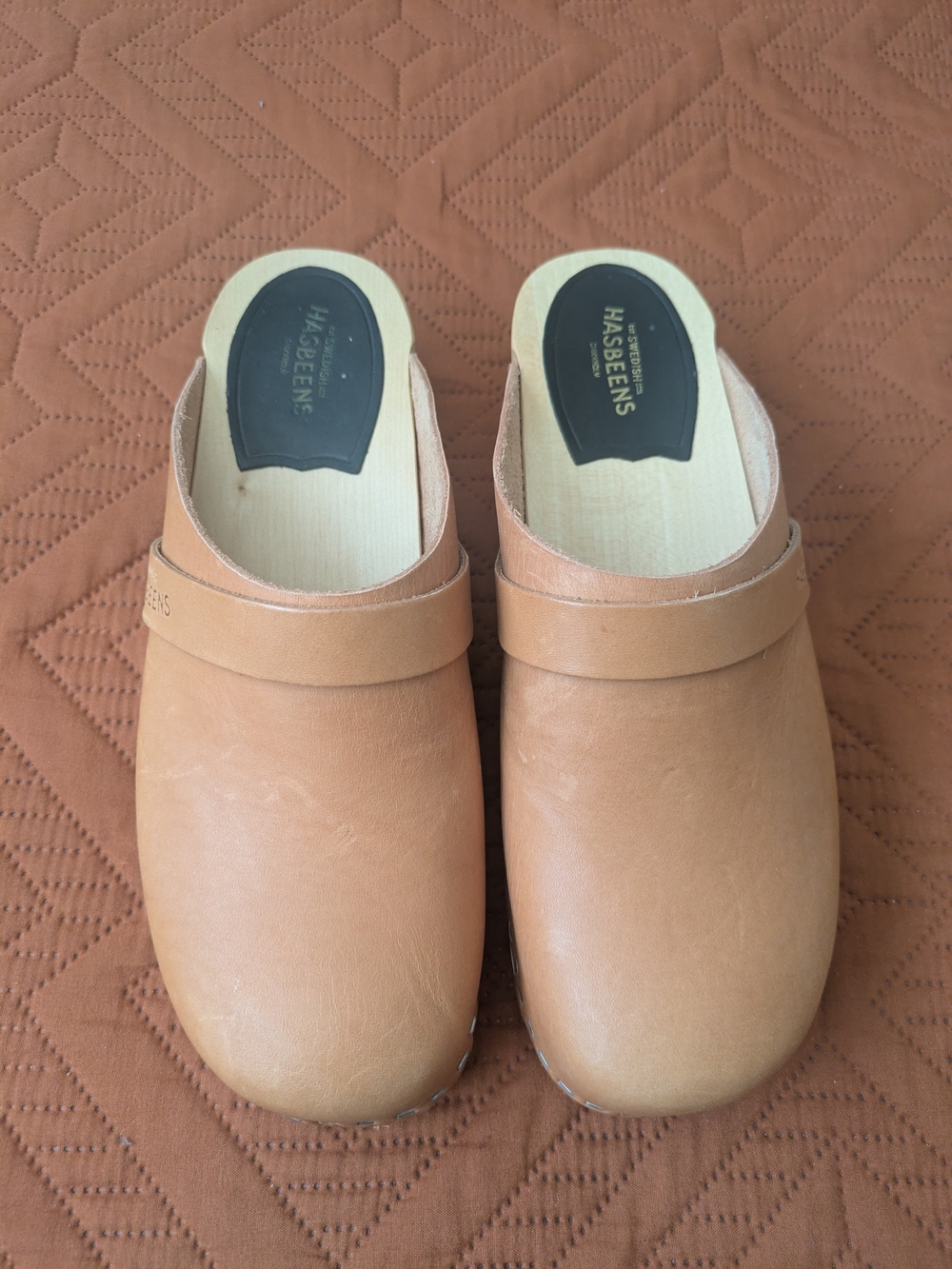 Swedish Hasbeens Tan Leather Clogs